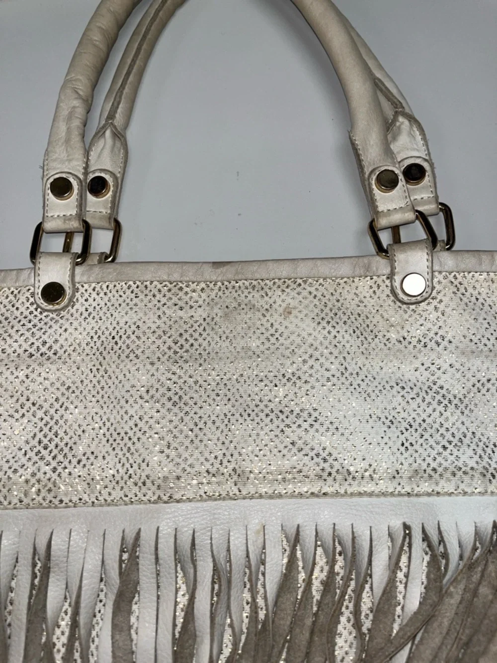 B-Low the Belt White & Gold Fringe Leather & Canvas Shoulder Bag